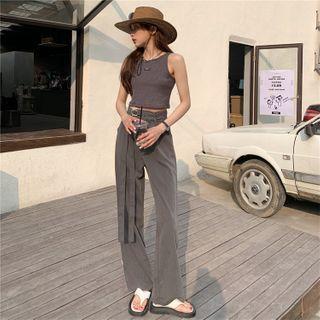 Crewneck Cropped Tank Top / High-waist Plain Wide Leg Pants