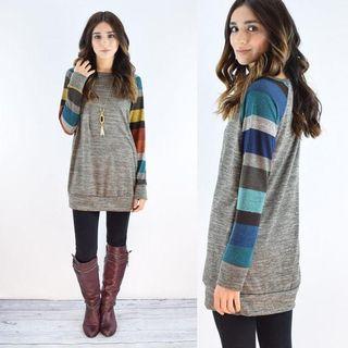Long-sleeve Contrast-stripe Long Top