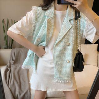 Short-sleeve Plain T-shirt / Sleeveless Frayed Tweed Vest