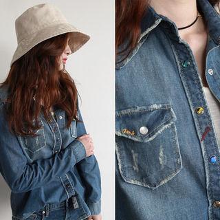 Snap-button Distressed Washed Denim Shirt