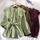 Wide-collar Lantern-sleeve Tie-waist Blouse