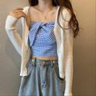 Plain Light Cardigan / Bow-accent Check Camisole Top