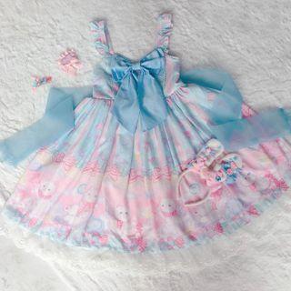 Balloon-sleeve Blouse / Cat Print Pinafore Dress