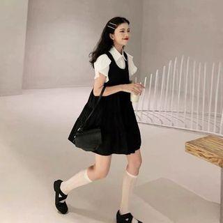 Short-sleeve Ruffle Shirt / Mini Overall Dress / Set