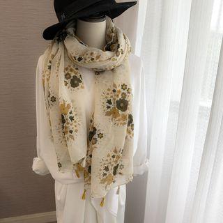 Floral Print Tassel Neck Scarf Army Green Flower - Beige - One Size