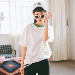 Short-sleeve Contrast-trim Loose-fit T-shirt