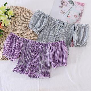 Off-shoulder Plaid Puff-sleeve Top
