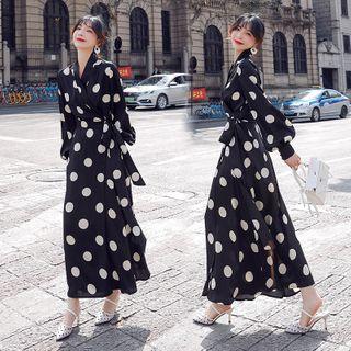 Long Sleeve Dotted Print V-neck Maxi Wrapped Dress Black - One Size