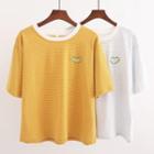 Short-sleeve Striped Leaf Embroidered T-shirt
