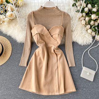 Set: Mock Neck Knit Top + Spaghetti Strap Mini A-line Dress