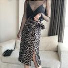 Long-sleeve Mesh Top / Camisole / Leopard Print Straight Fit Skirt / Set