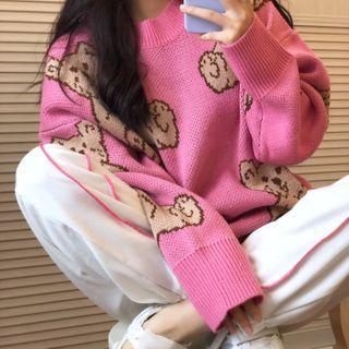 Bear Print Sweater / Contrast Trim Harem Pants