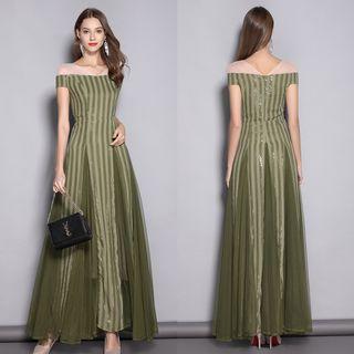 Mesh Panel V-neck Striped Evening Gown