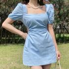 Short-sleeve Square-neck Cutout Mini A-line Dress
