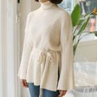 Turtle-neck Dip-back Wool Blend Sweater With Sash