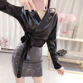 Long-sleeve Wrap Blouse / Fitted Rhinestone Mini Skirt