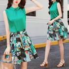 Set: Stand Collar Sleeveless Top + Floral Print Skirt