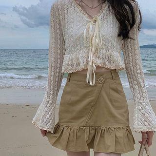 Tie-strap Lace Cropped Cardigan / Ruffle Hem Mini A-line Skirt