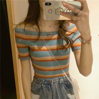 Off-shoulder Striped Knit Top Rainbow - One Size