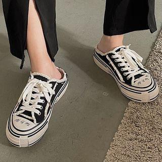 Frayed Lettering Lace Up Sandals