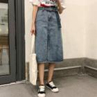 Slit-front Washed Denim Skirt