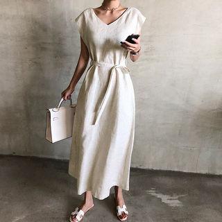 Stripe Long Linen Dress With Sash