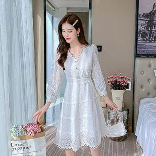 Long-sleeve V-neck Eyelet Lace A-line Dress