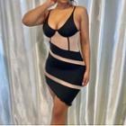 Spaghetti Strap Color-block Irregular-hem Mini Bodycon Dress