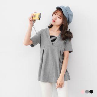 V-neck Pleated Flare Cotton Shirt
