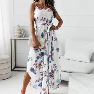 Floral Print Sleeveless Side-slit Dress