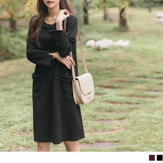 Frilled Trim Slit-cuff Plain Dress