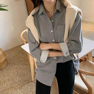 Round-hem Striped Cotton Shirt