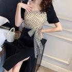 Puff-sleeve Dotted Panel Sheath Dress