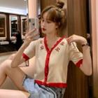 Contrast Trim Short-sleeve Knit Blouse As Shown In Figure - One Size