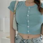 Plain Button Short-sleeve Cropped T-shirt