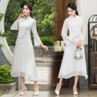 3/4-sleeve Linen A-line Midi Dress