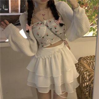 Embroidered Cropped Camisole Top / Layered Mini A-line Skirt / Cardigan