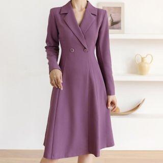 Button-trim Pintuck-waist Dress