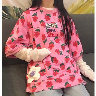Floral Elbow-sleeve T-shirt Pink - One Size