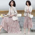 Set: Blazer + Floral Print Midi A-line Dress