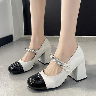 Block Heel Chain Mary Strap Pumps