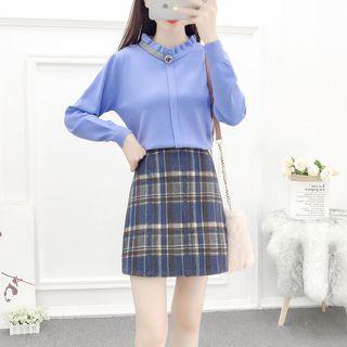 Ruffled Knit Top / Plaid A-line Mini Skirt / Set