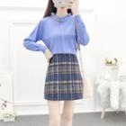 Ruffled Knit Top / Plaid A-line Mini Skirt / Set