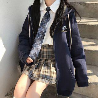 Long-sleeve Shirt / Hooded Zip Jacket / Plaid Pleated A-line Mini Skirt