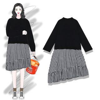 Long-sleeve Asymmetrical Plaid Panel Pullover Dress Black - One Size
