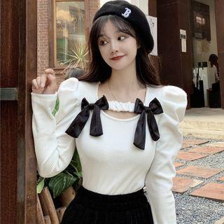 Long-sleeve Square Neck Bow-accent Knit Top
