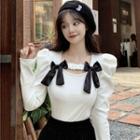 Long-sleeve Square Neck Bow-accent Knit Top