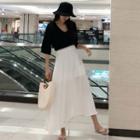 Elbow-sleeve V-neck Top / A-line Midi Skirt