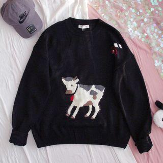 Cow Jacquard Sweater As Shown In Figure - One Size
