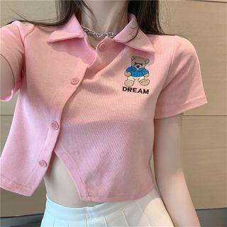 Collared Bear Embroidered Cropped T-shirt / Pleated Mini A-line Skirt